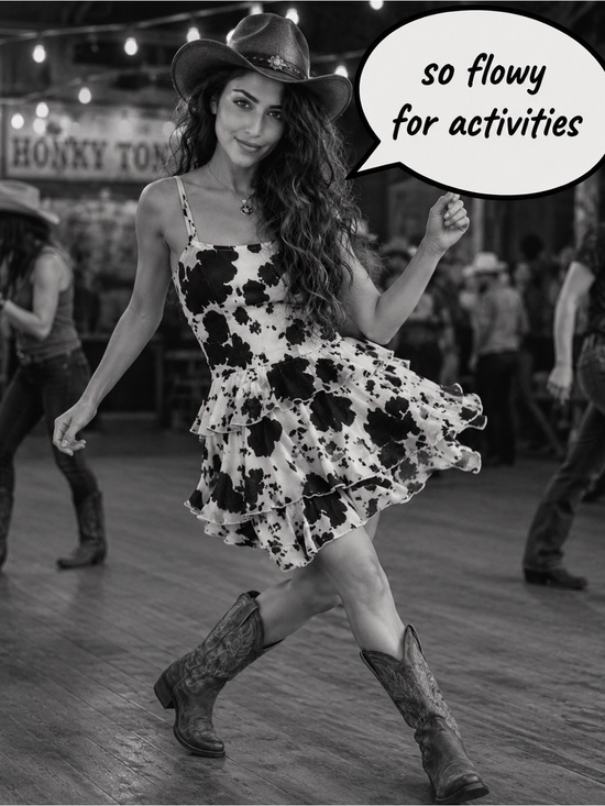 Thirty Thirty Dresses & Skirts - Thirty Thirty Black & White Cow-Print Tiered Ruffle Sundress